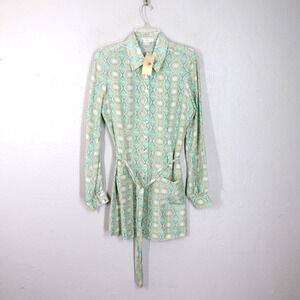 Vintage To the Max Silk Top Women 8 Geo Sage Blue Belted Button Cuffs Tunic NWT